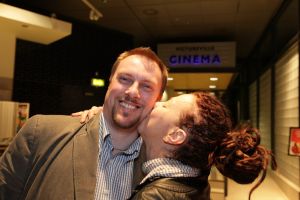 tony earnshaw and Ingrid Veninger outside pictureville foyer entrance march 22 2011 image 3 sm.jpg